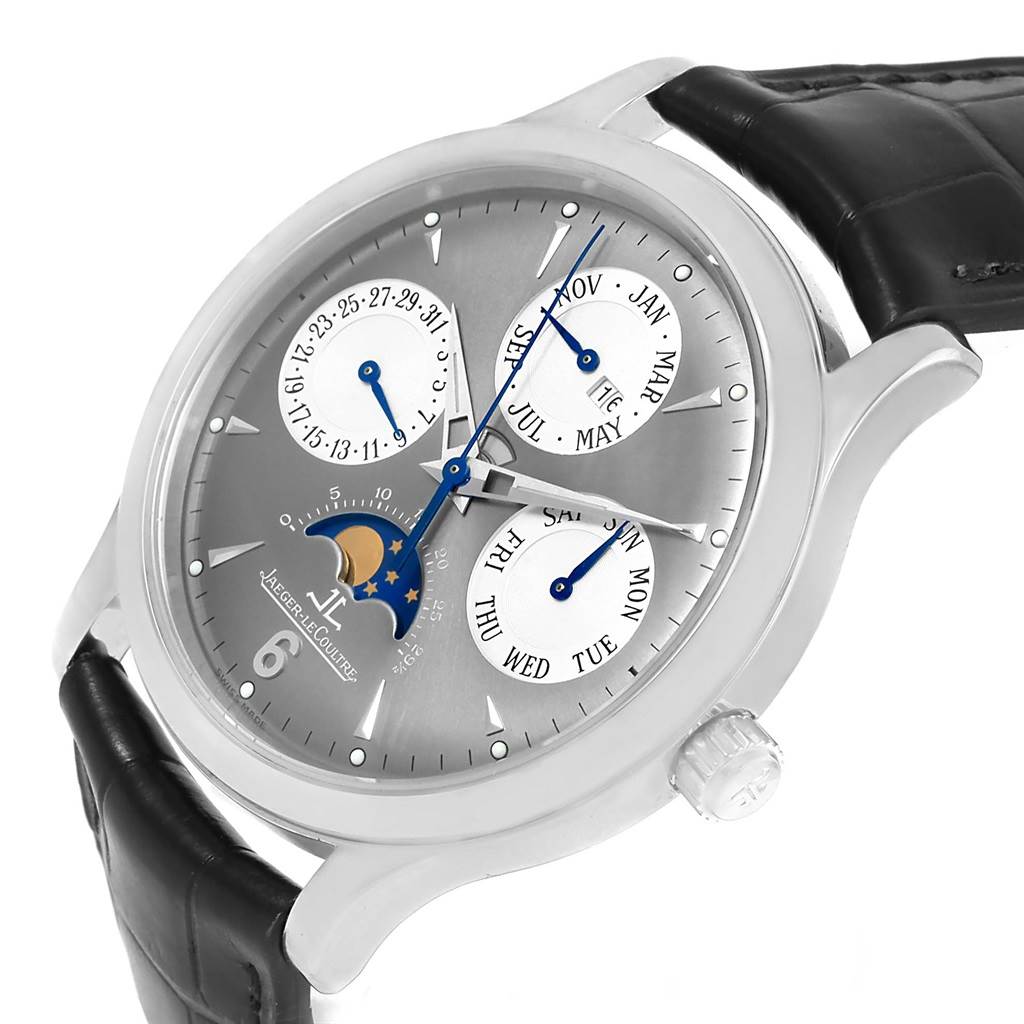 The image showcases a Jaeger-LeCoultre Master watch at a three-quarter angle, highlighting its dial, sub-dials, crown, and black leather strap.