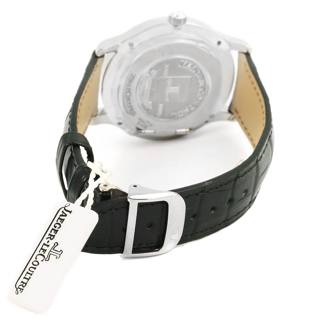 The image shows the back view of a Jaeger LeCoultre Master 140.3.80 Men's White Gold Grey Dial 140.3.80 Men's White Gold Grey Dial model watch, highlighting its caseback and leather strap with a buckle.