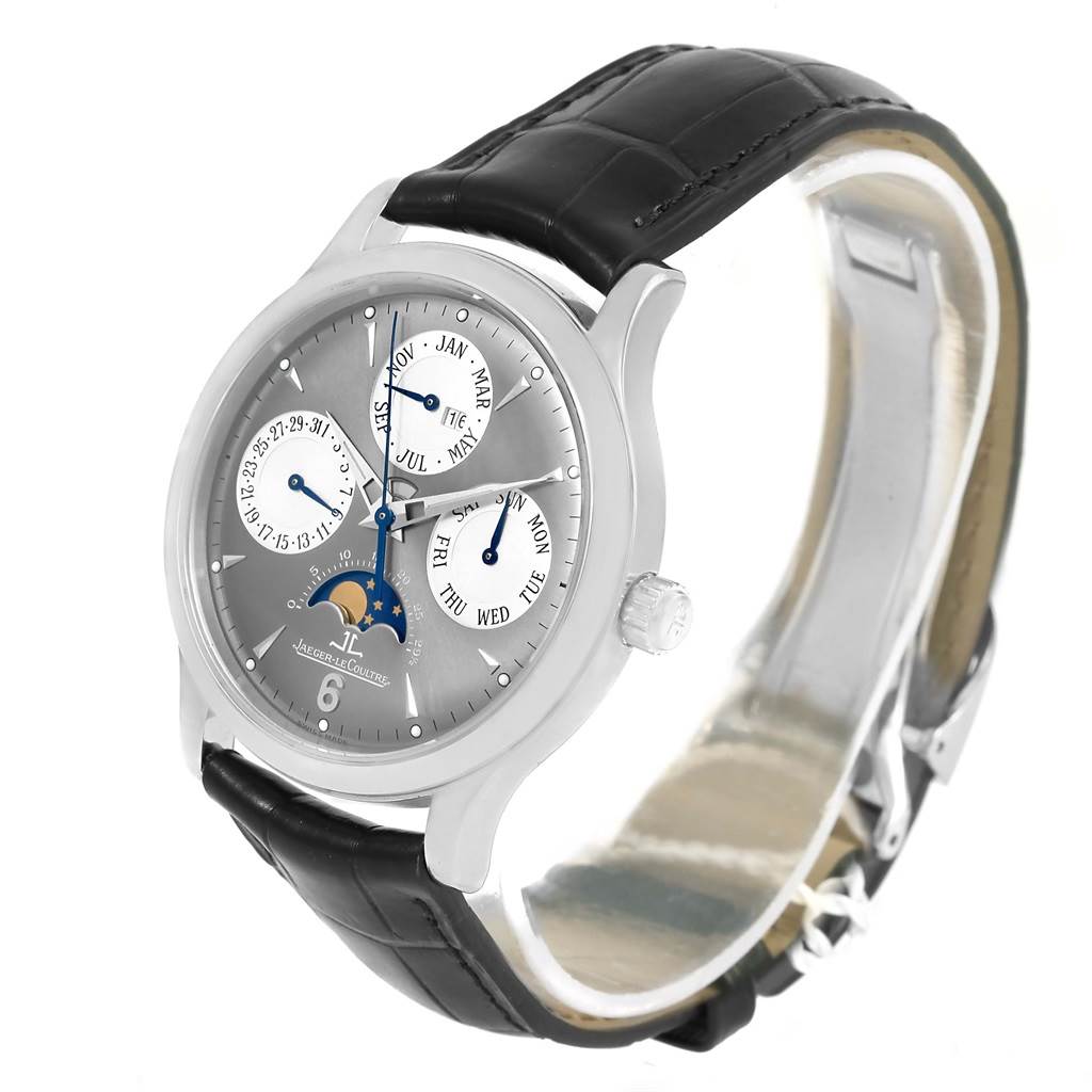 This Jaeger LeCoultre Master 140.3.80 Men's White Gold Grey Dial 140.3.80 Men's White Gold Grey Dial model watch is shown at a 3/4 angle, displaying its black leather strap, dials, and crown.