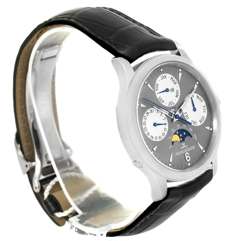 The image shows a side view of a Jaeger LeCoultre Master 140.3.80 Men's White Gold Grey Dial 140.3.80 Men's White Gold Grey Dial model watch, highlighting the dial, straps, and buckle.