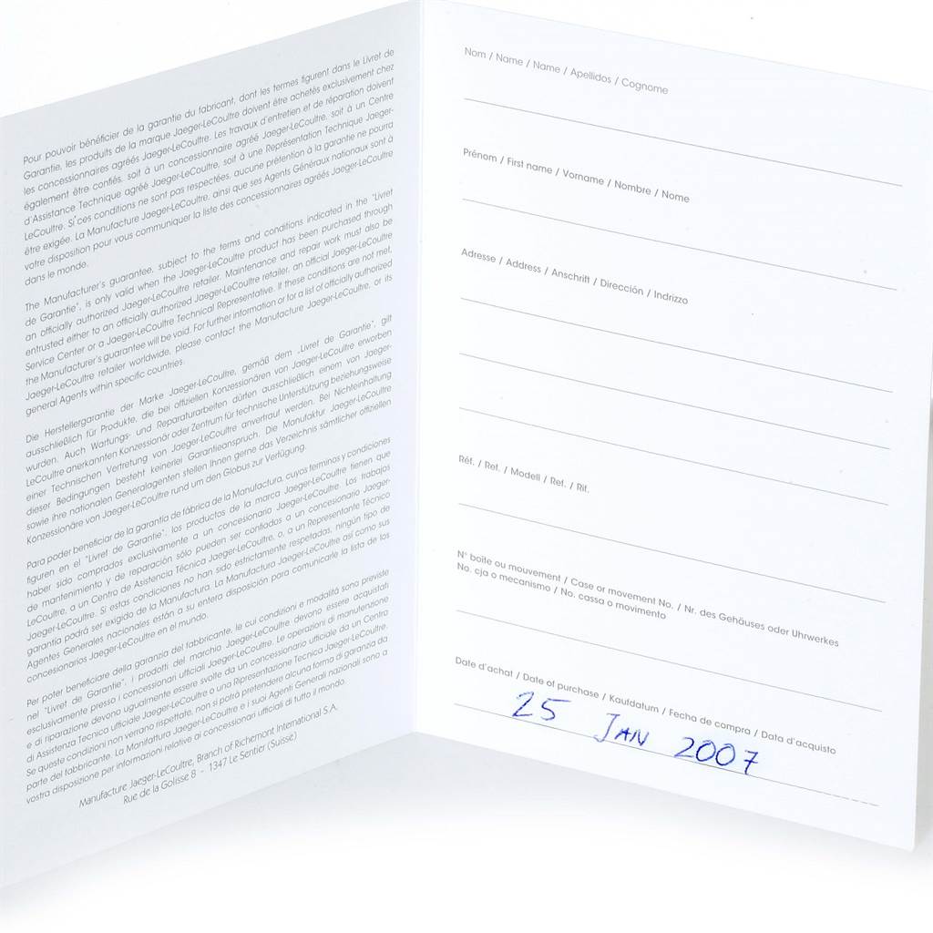 This image shows the open warranty booklet for the Jaeger LeCoultre Master 140.3.80 Men's White Gold Grey Dial 140.3.80 Men's White Gold Grey Dial model watch, with text and fields to fill in details.