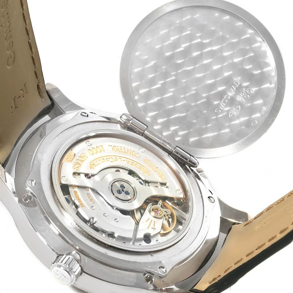 The image shows the open back of a Jaeger LeCoultre Master 140.3.80 Men's White Gold Grey Dial 140.3.80 Men's White Gold Grey Dial watch, revealing its internal mechanism and movement.