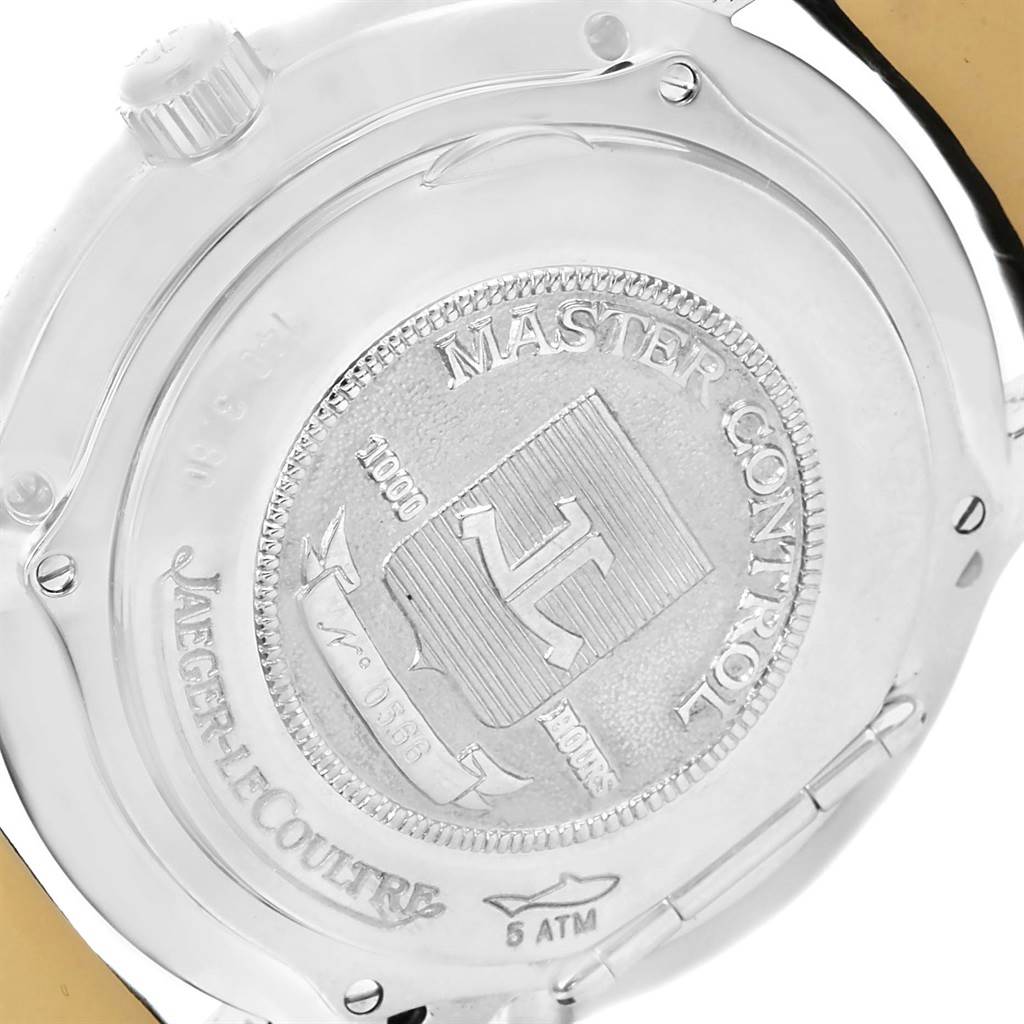 This image shows the back case of the Jaeger LeCoultre Master 140.3.80 Men's White Gold Grey Dial 140.3.80 Men's White Gold Grey Dial model watch, featuring the brand's engraved emblem and specifications.