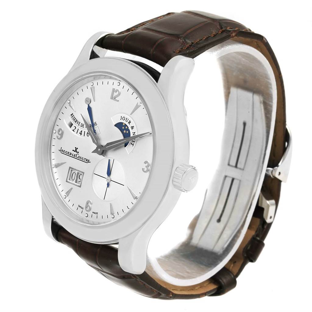 This angled view shows the face, crown, strap, and lugs of the Jaeger LeCoultre Master Q1608420 Men's Stainless Steel Silver Dial Q1608420 Men's Stainless Steel Silver Dial model watch.