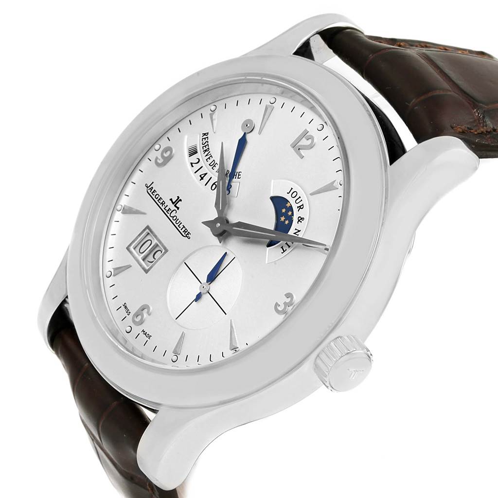 This is a close-up angle of a Jaeger LeCoultre Master Q1608420 Men's Stainless Steel Silver Dial Q1608420 Men's Stainless Steel Silver Dial model watch showing the dial, crown, and leather strap.