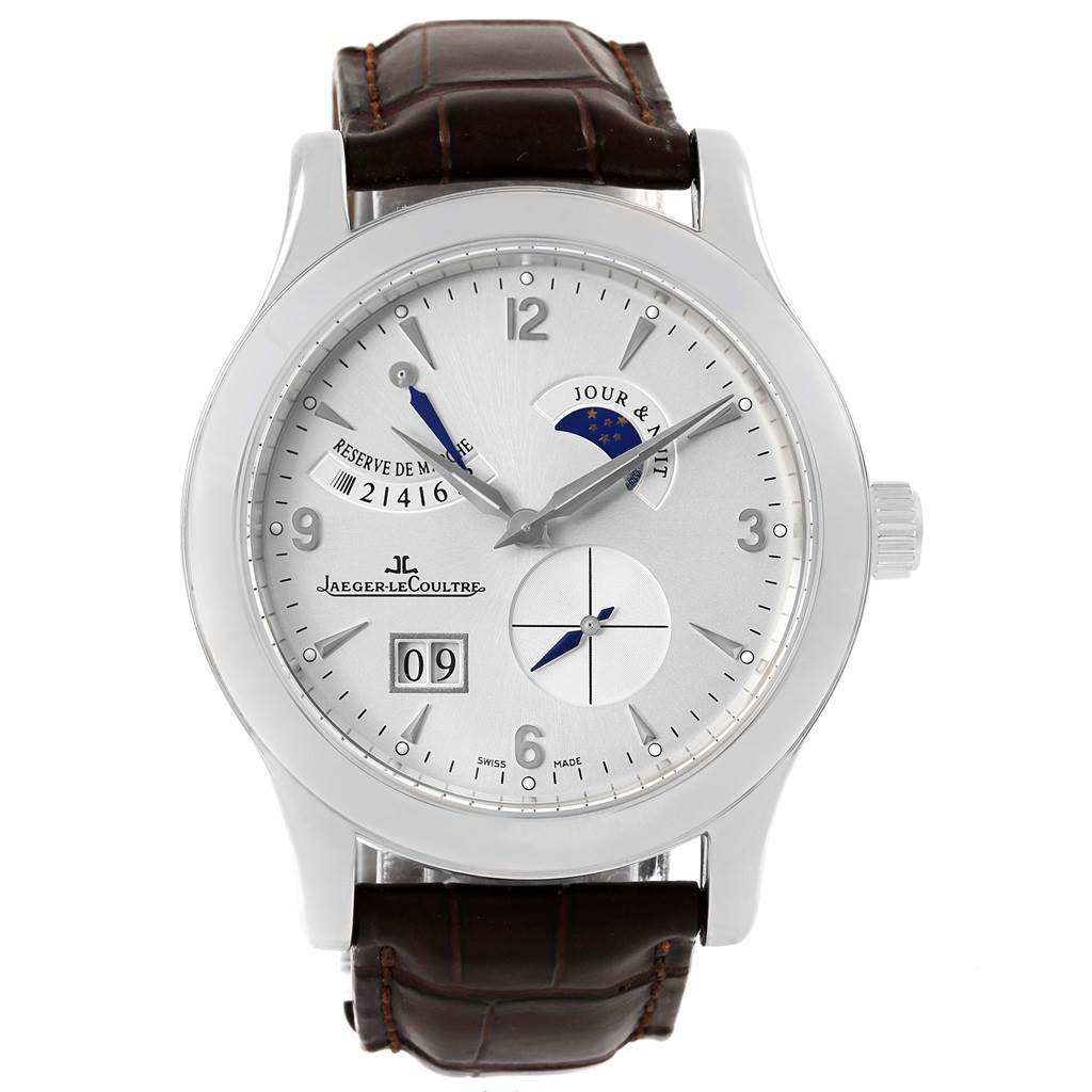 The Jaeger-LeCoultre Master watch is shown from a front angle, displaying the dial, moon phase, date, and leather strap.