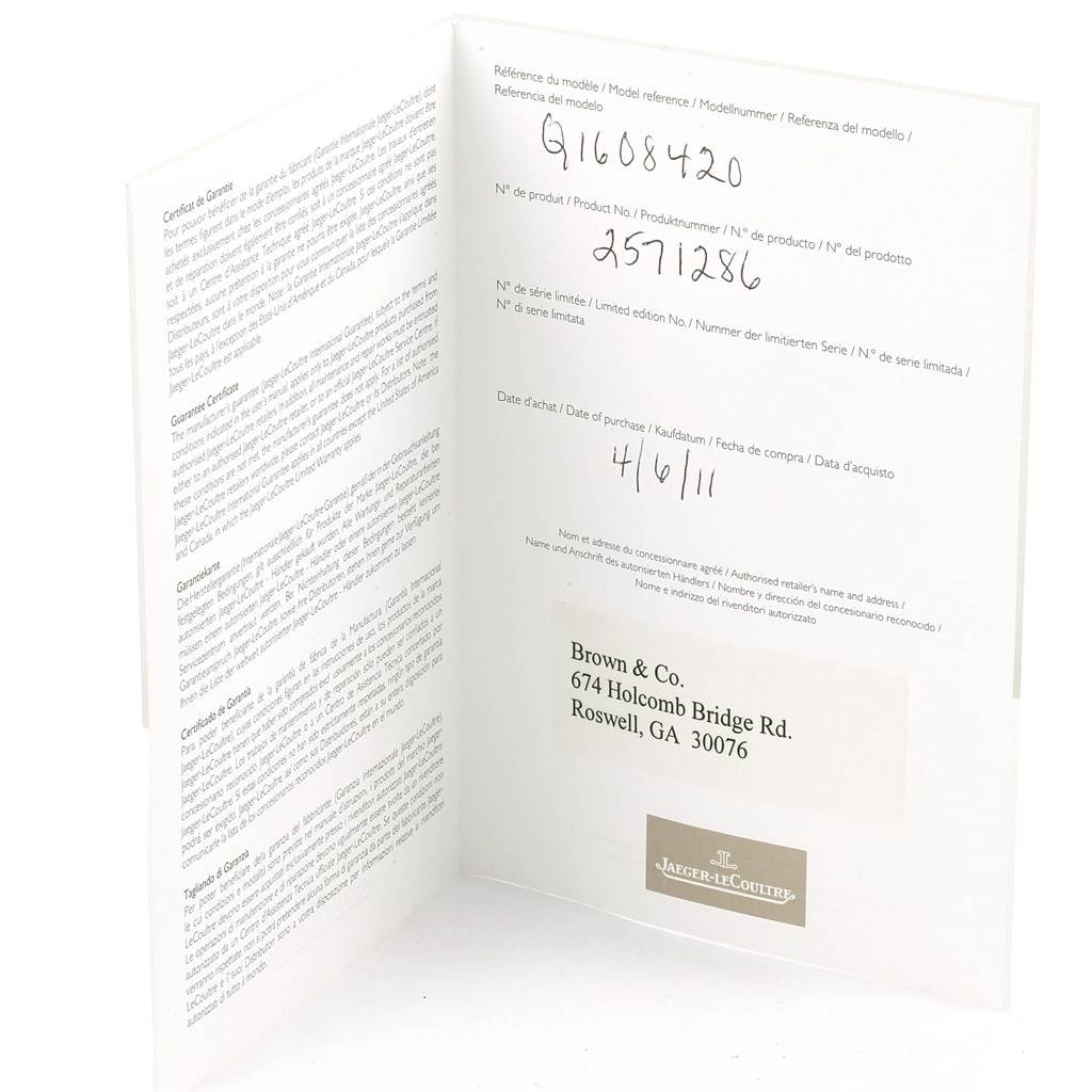 The image shows an opened warranty card for the Jaeger LeCoultre Master Q1608420 Men's Stainless Steel Silver Dial Q1608420 Men's Stainless Steel Silver Dial model watch, displaying reference numbers, purchase date, and retailer information.