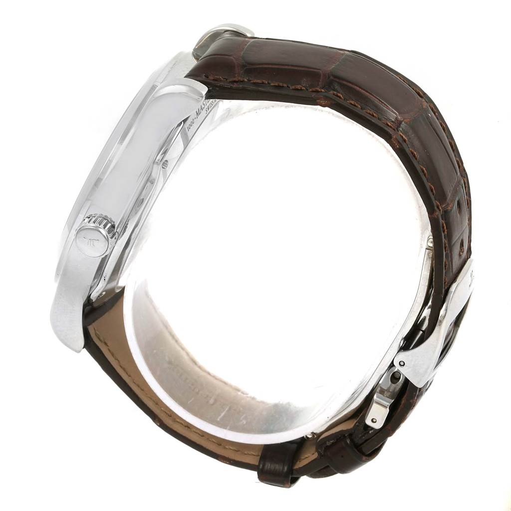 Side view of the Jaeger-LeCoultre Master watch, highlighting the crown, case, and leather strap.