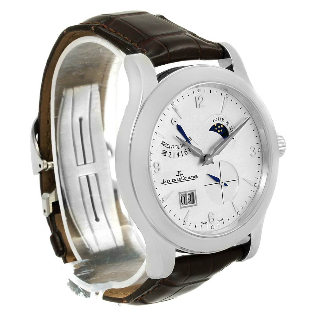 This Jaeger LeCoultre Master Q1608420 Men's Stainless Steel Silver Dial Q1608420 Men's Stainless Steel Silver Dial model watch is shown at a side angle, highlighting the face, case, and leather strap.