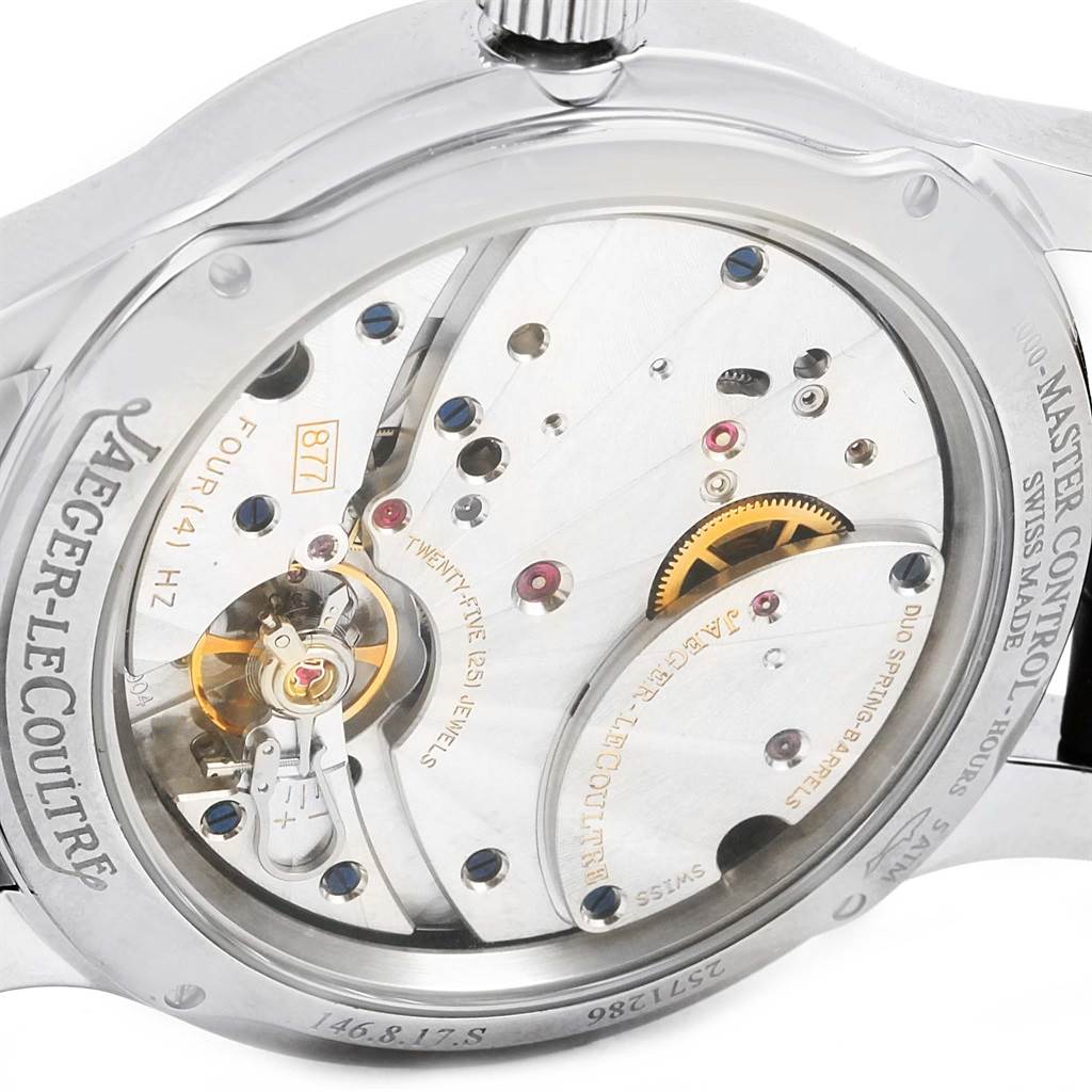 The image shows the back view of the Jaeger LeCoultre Master Q1608420 Men's Stainless Steel Silver Dial Q1608420 Men's Stainless Steel Silver Dial model, revealing its intricate mechanical movement.