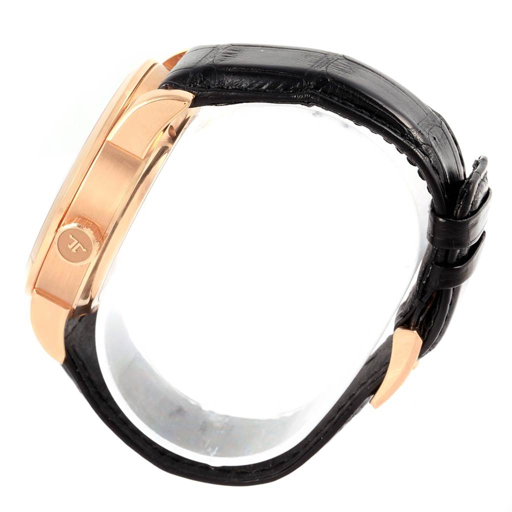 This angle of the Jaeger LeCoultre Duomètre watch shows the side of the case and strap.