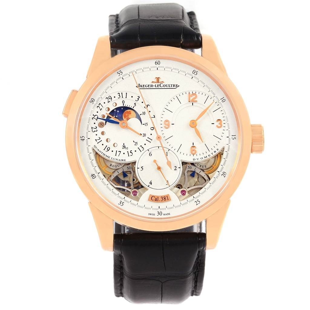 This image shows a full frontal view of a Jaeger-LeCoultre Duometre watch, highlighting its dial and leather strap.