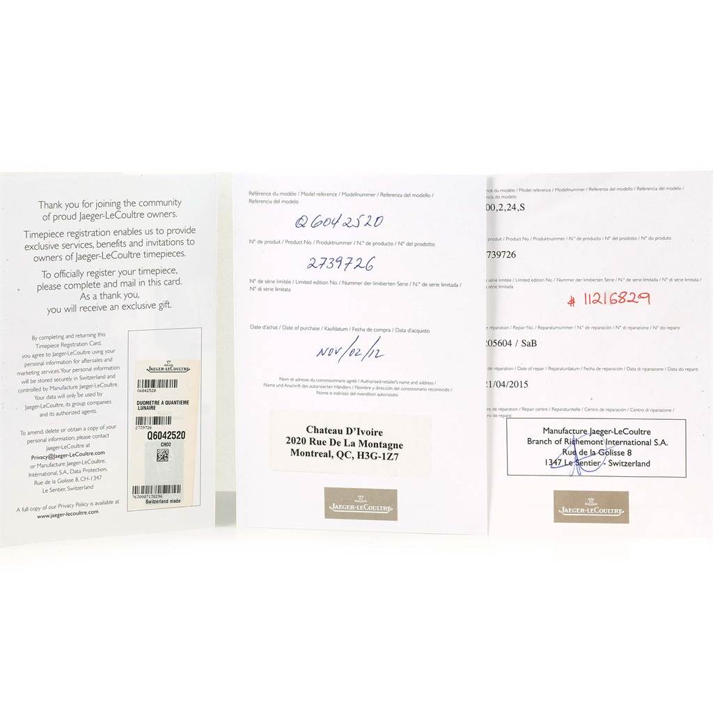 The image shows registration and warranty documents for the Jaeger-LeCoultre Duometre watch.