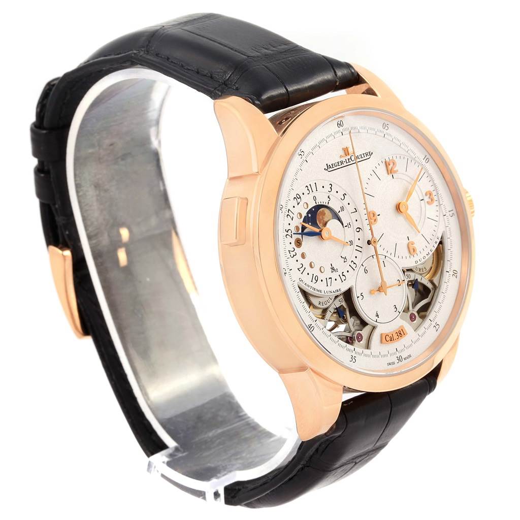 The Jaeger-LeCoultre Duometre watch is showcased from a side angle, displaying its dial, case, and black leather strap.