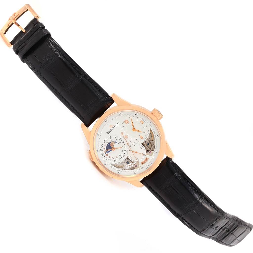 This image shows a top-down view of the Jaeger LeCoultre Duometre 15917 Men's Rose Gold Silver Dial 15917 Men's Rose Gold Silver Dial watch, highlighting the dial, case, and strap.