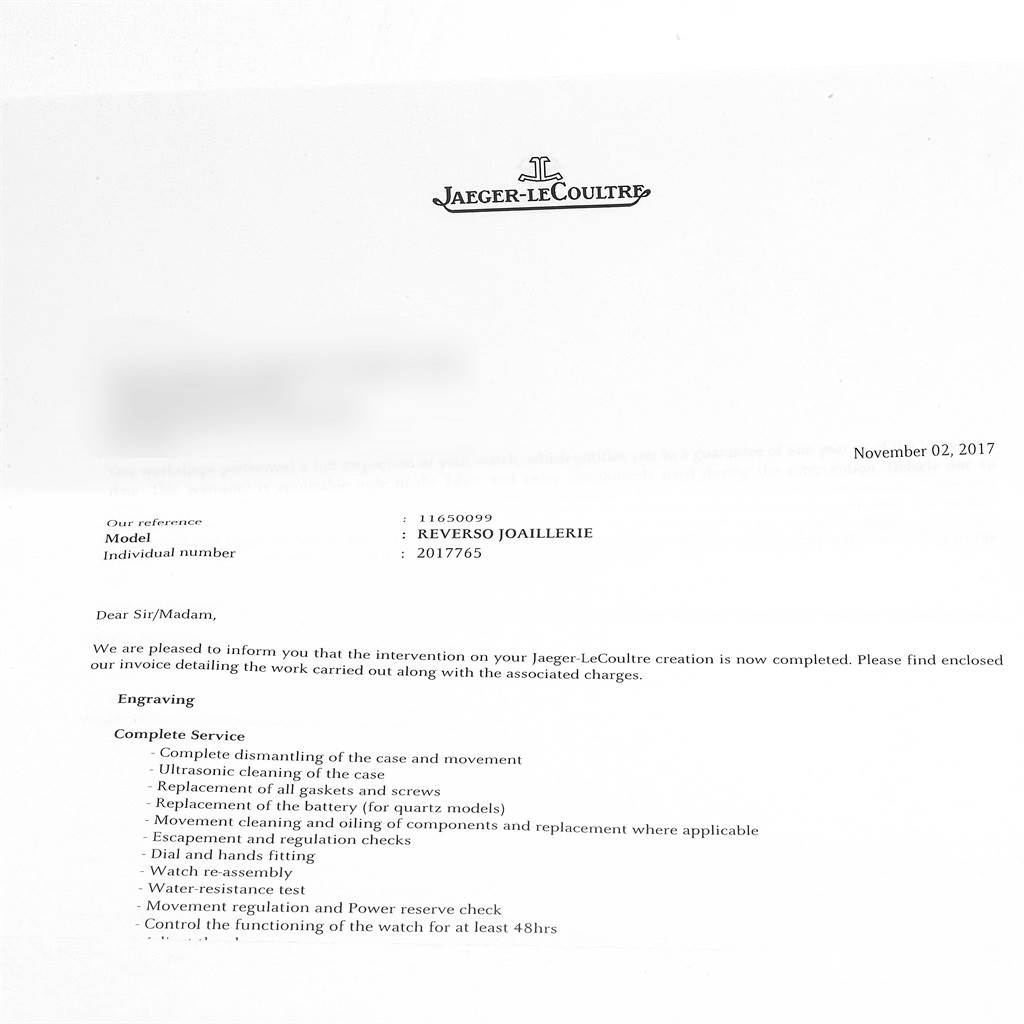 The image shows a service completion letter from Jaeger-LeCoultre mentioning the Reverso Joaillerie model.