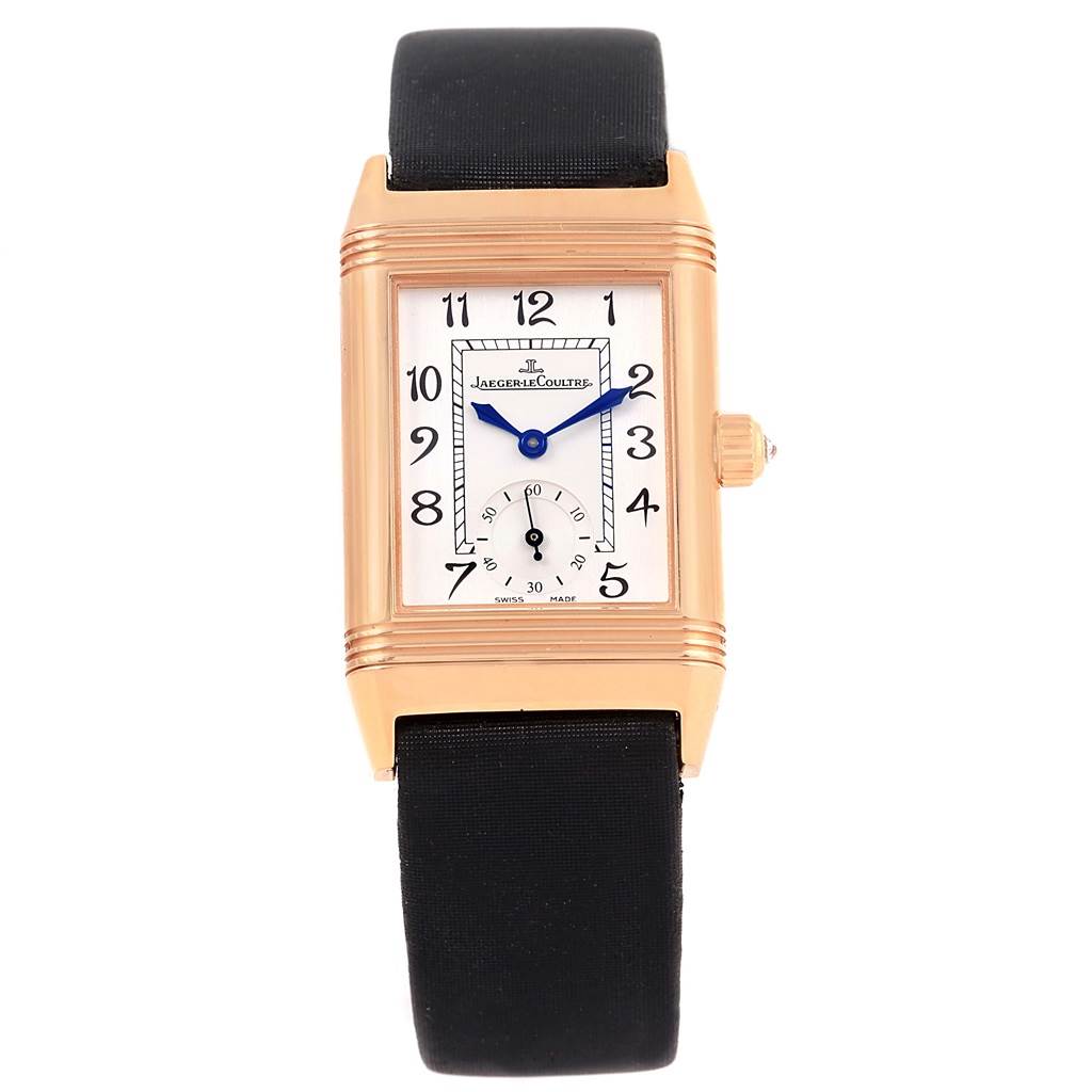 The image shows a Jaeger LeCoultre Reverso Q2562402 Women
s Rose Gold Silver Dial Q2562402 Women
s Rose Gold Silver Dial watch from the front, highlighting the dial, hands, case, and black leather strap.