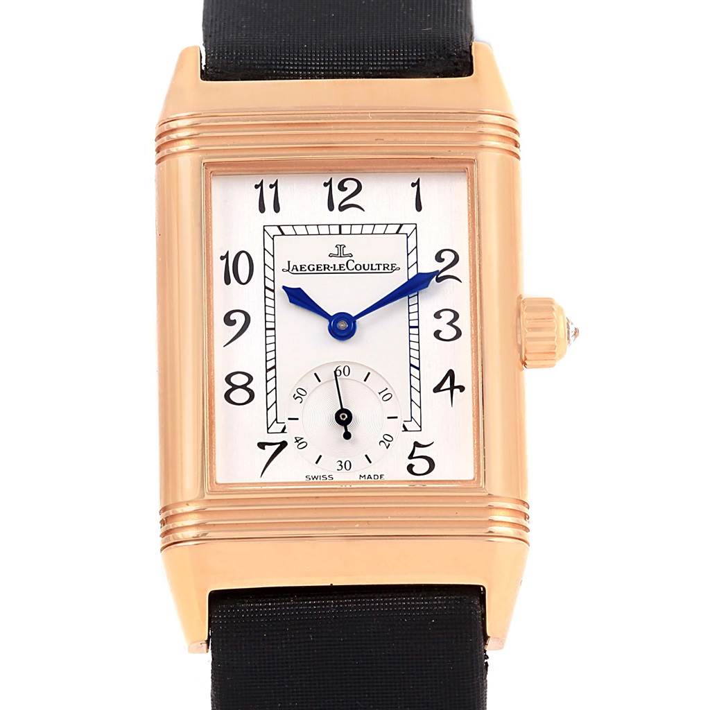 This image shows the front view of the Jaeger-LeCoultre Reverso watch, highlighting its dial, case, and crown.