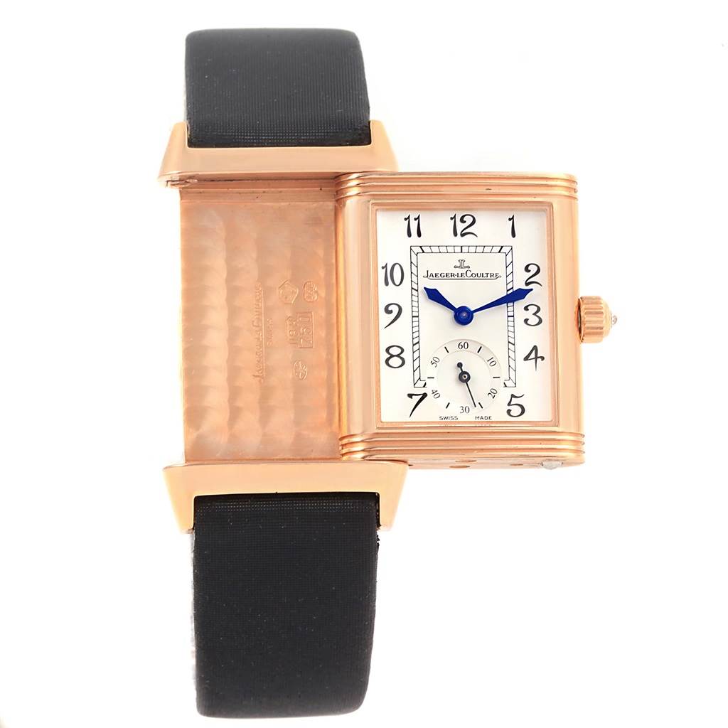 This image shows a Jaeger LeCoultre Reverso Q2562402 Women
s Rose Gold Silver Dial Q2562402 Women
s Rose Gold Silver Dial watch with the case swiveled to reveal the back engraving and the front dial.