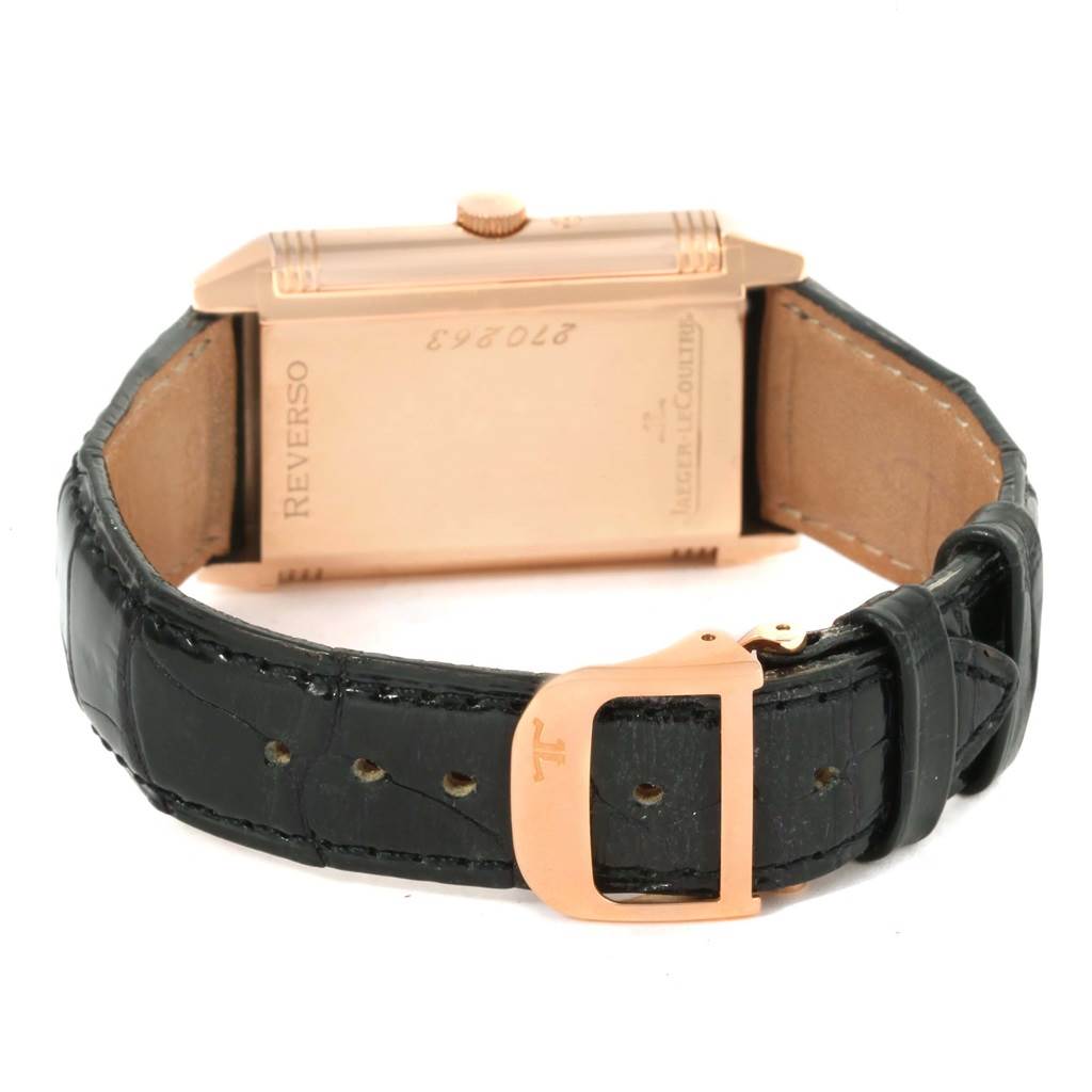 This image shows the back case and buckle of the Jaeger-LeCoultre Reverso watch at a rear angle.