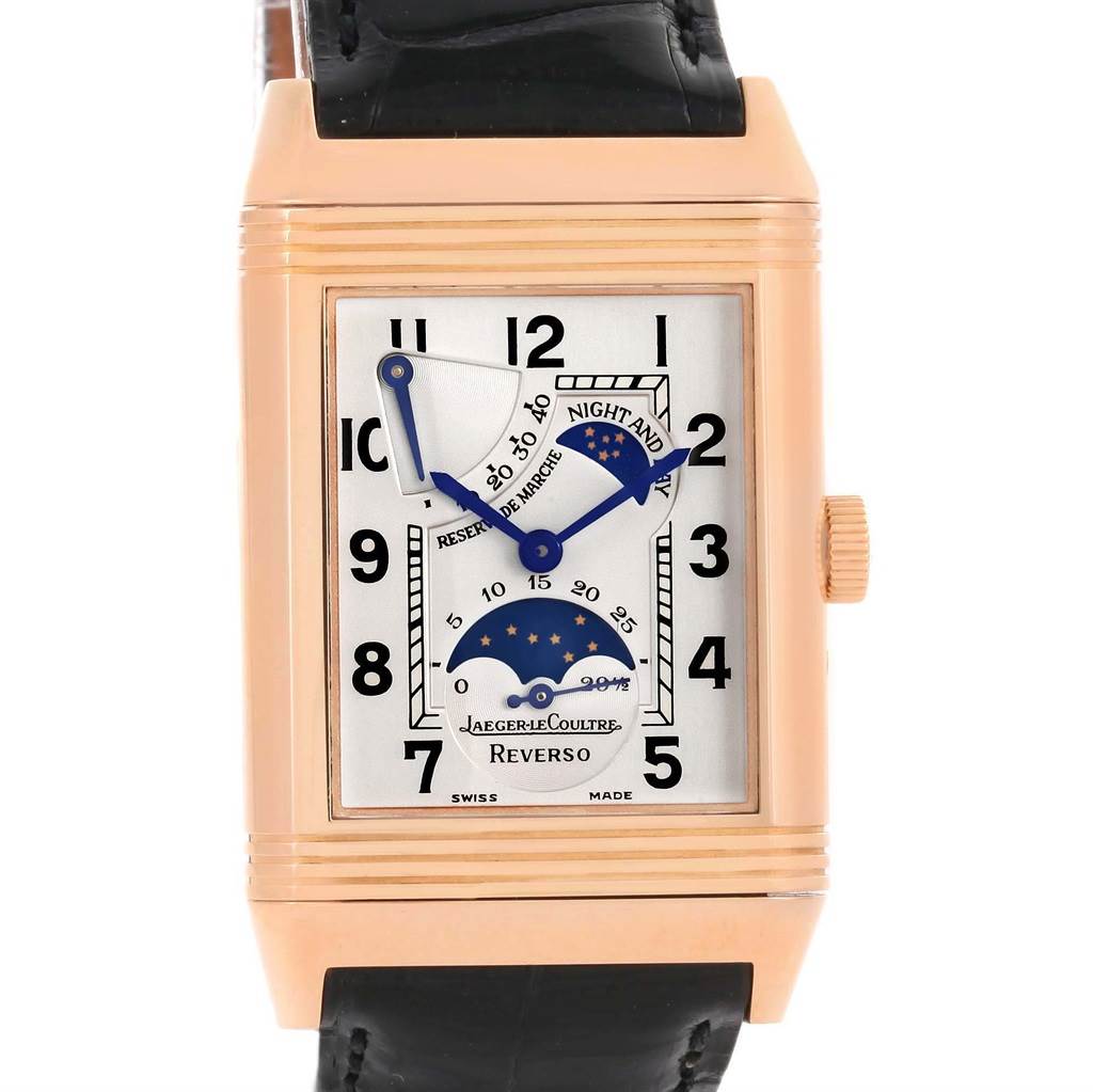 The image shows a front view of the Jaeger LeCoultre Reverso Q3042420 Men's Rose Gold Silver Dial Q3042420 Men's Rose Gold Silver Dial watch, displaying its dial, hands, and date complications.