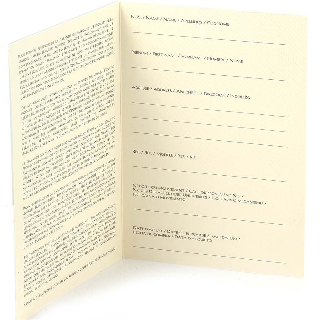 The image shows an open guarantee booklet for the Reverso model by Jaeger LeCoultre, displaying warranty text and blank fields for personal information.