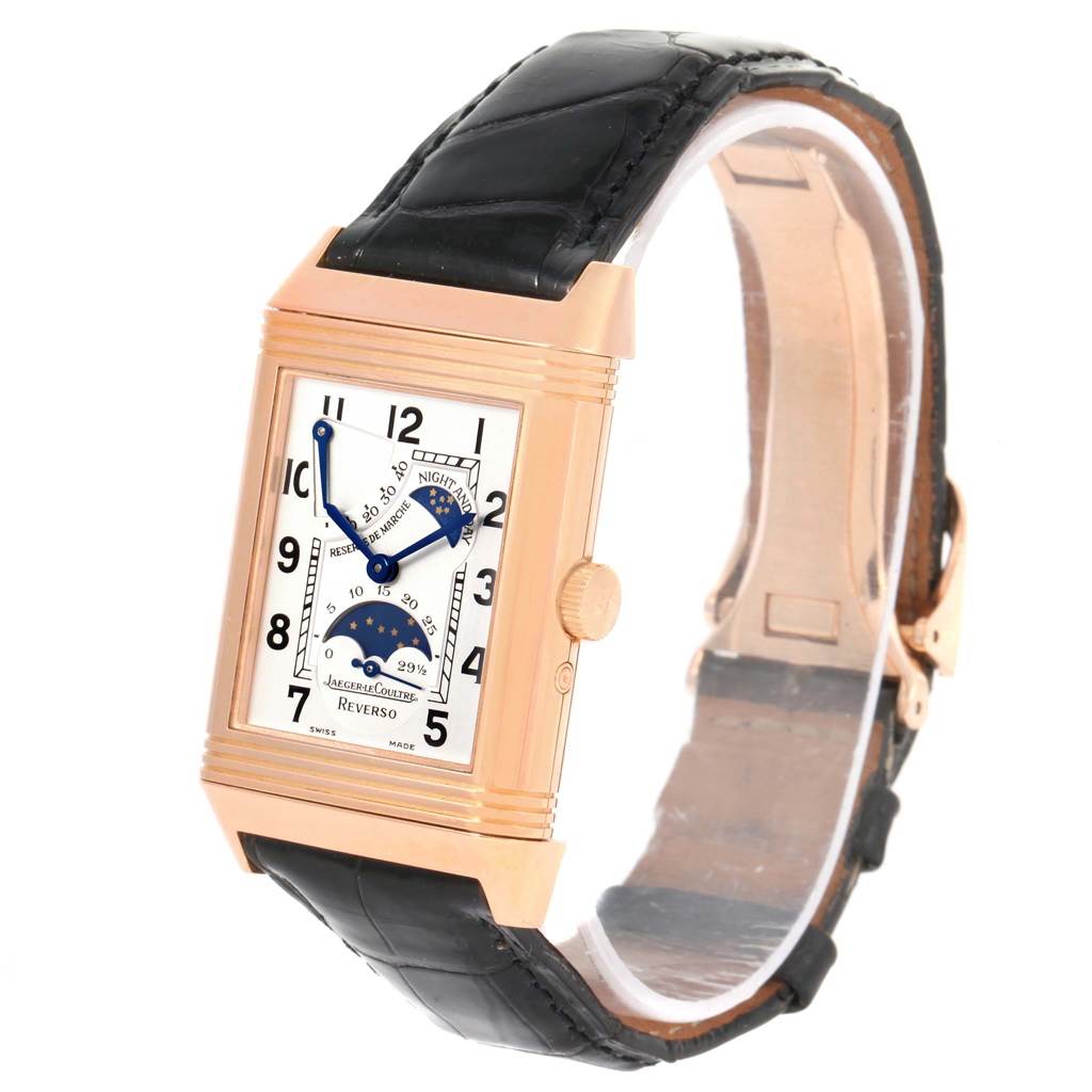 The image shows a Jaeger-LeCoultre Reverso model watch from a front angle, highlighting its rectangular dial and black leather strap.