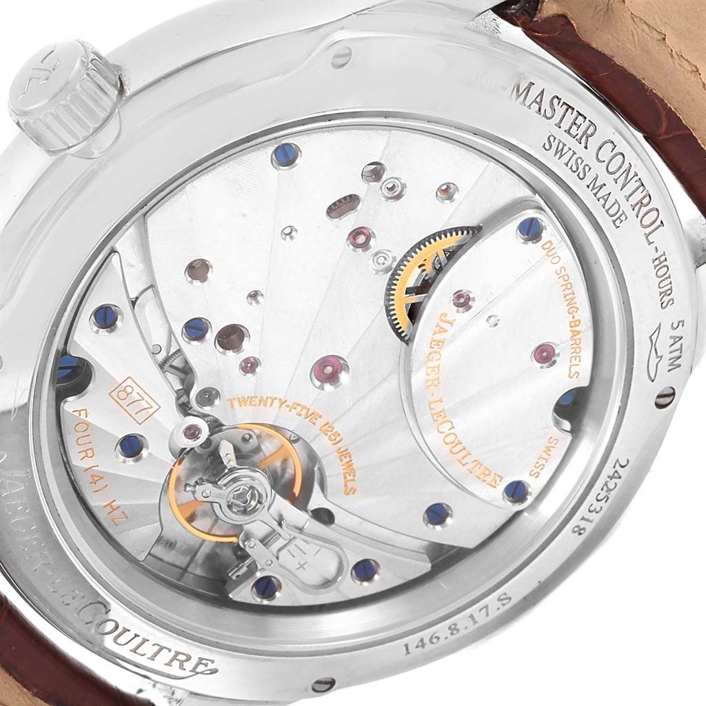 This is a close-up shot of the back of the Jaeger-LeCoultre Master Control watch, showing its intricate mechanical movement.