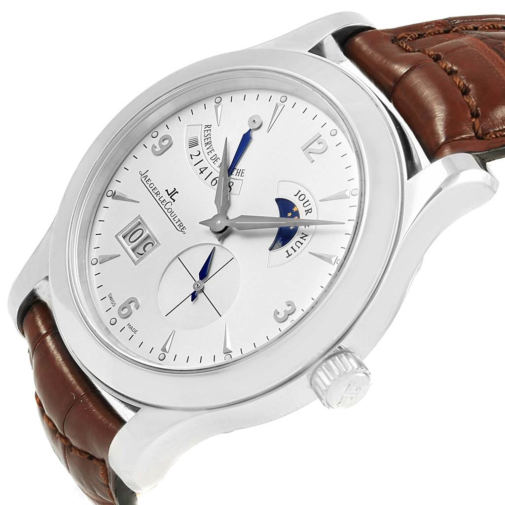 This image shows a Jaeger LeCoultre Master Q1608420 Men's Stainless Steel Silver Dial Q1608420 Men's Stainless Steel Silver Dial model watch, focusing on the face, bezel, crown, and part of the leather strap, viewed at an angle.