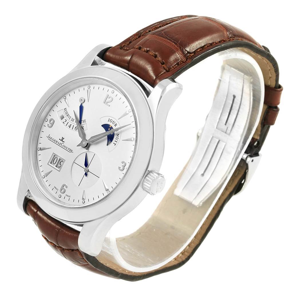 The Jaeger-LeCoultre Master model watch is shown at a three-quarter angle, displaying its dial, case, crown, and leather strap.