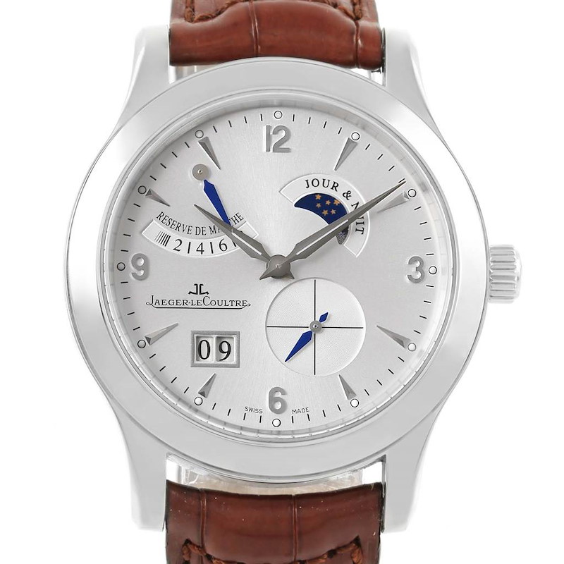 The Jaeger-LeCoultre Master model watch is shown from a front angle, highlighting its dial and brown leather strap.