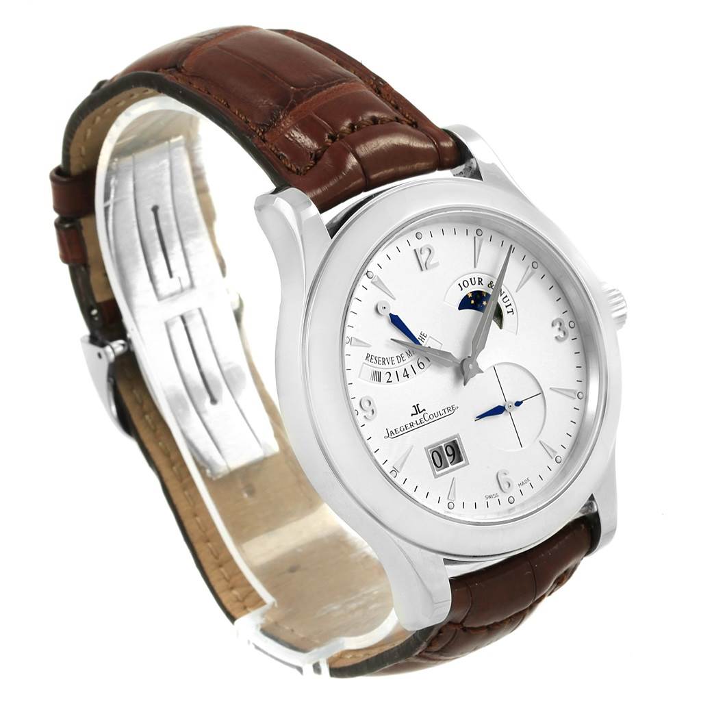 This is a Jaeger LeCoultre Master Q1608420 Men's Stainless Steel Silver Dial Q1608420 Men's Stainless Steel Silver Dial model watch shown from a front and slight side angle with a brown leather strap and silver case.