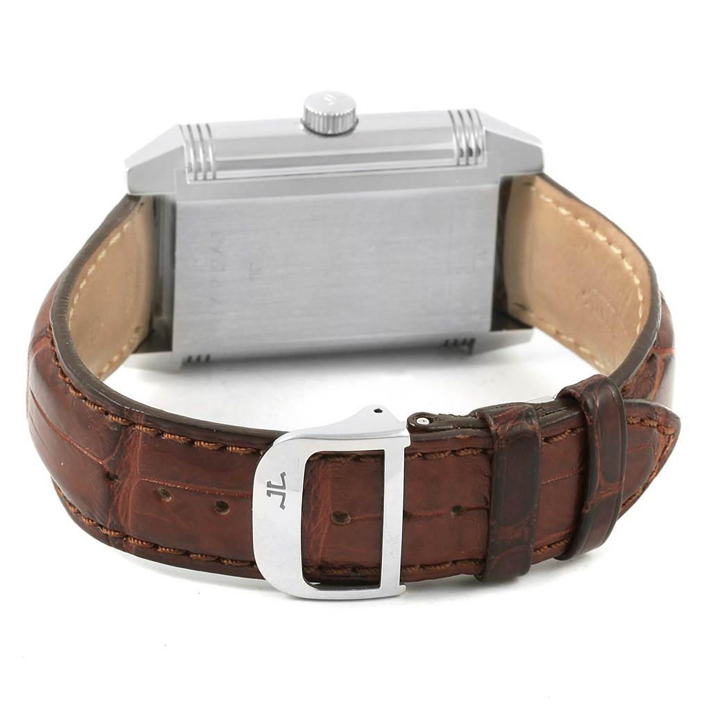 This image shows a Jaeger LeCoultre Reverso 240.8.15 Men's Stainless Steel Silver Dial 240.8.15 Men's Stainless Steel Silver Dial watch from the back, focusing on the strap and buckle.