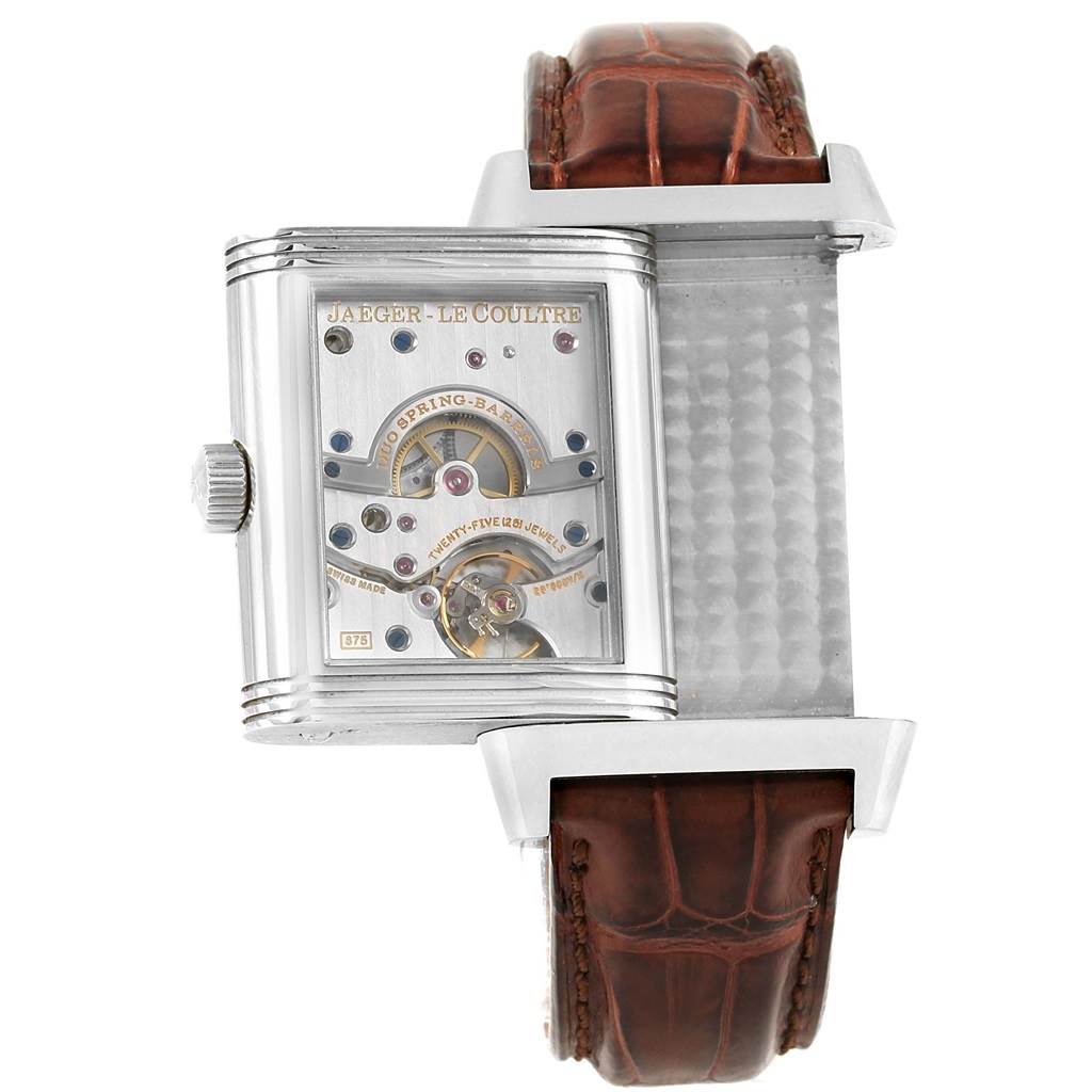 This image shows the back view of the Jaeger LeCoultre Reverso 240.8.15 Men's Stainless Steel Silver Dial 240.8.15 Men's Stainless Steel Silver Dial watch, displaying its intricate movement.