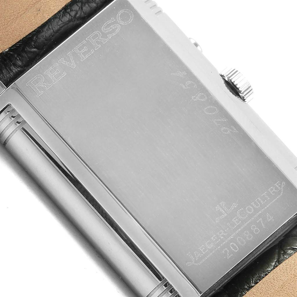The image shows the back case of the Jaeger-LeCoultre Reverso watch, including the crown and part of the leather strap.