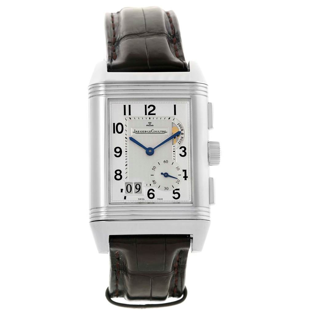 The Jaeger LeCoultre Reverso Q3028420 Men's Stainless Steel Silver Dial Q3028420 Men's Stainless Steel Silver Dial watch is shown from the front, displaying its dial, casing, and black leather strap.