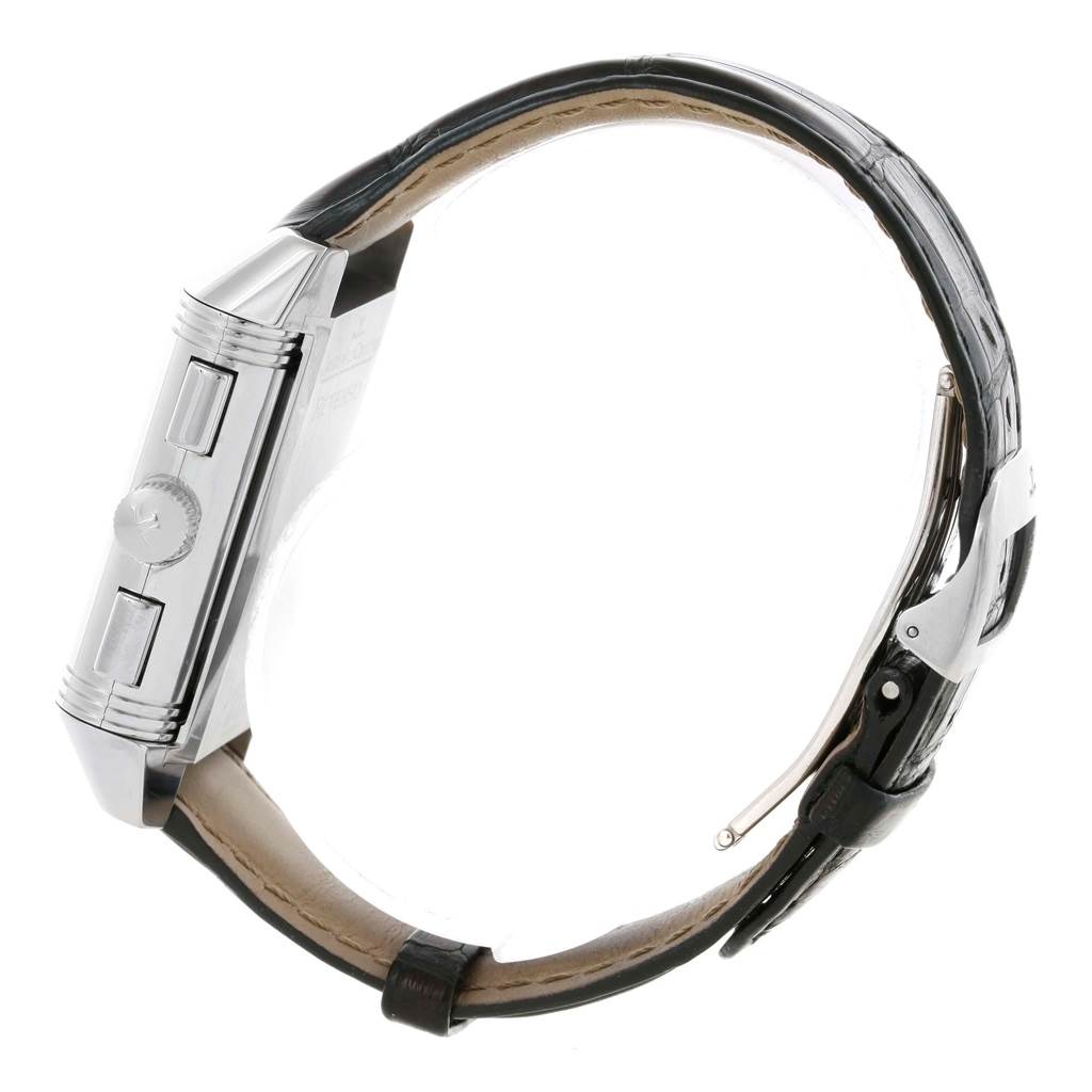 This image shows a side view of a Jaeger-LeCoultre Reverso watch, highlighting its crown, case, and leather strap.
