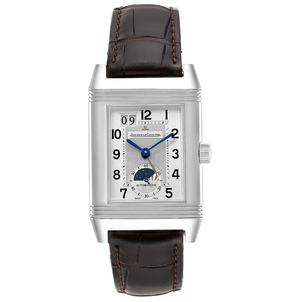This is a frontal view of the Jaeger-LeCoultre Reverso watch, showcasing the face, case, and leather strap.