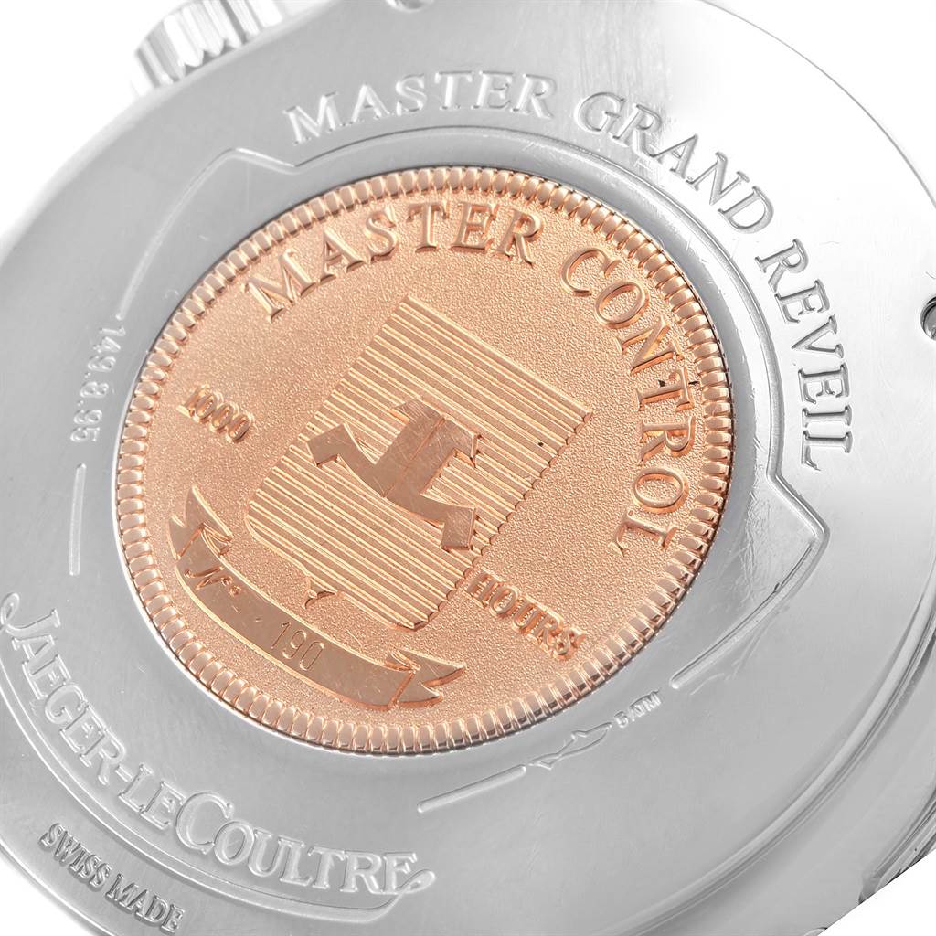The image shows the engraved case back of the Jaeger LeCoultre Master 149.8.95 Men
s Stainless Steel Silver Dial 149.8.95 Men
s Stainless Steel Silver Dial Grand Reveil watch.