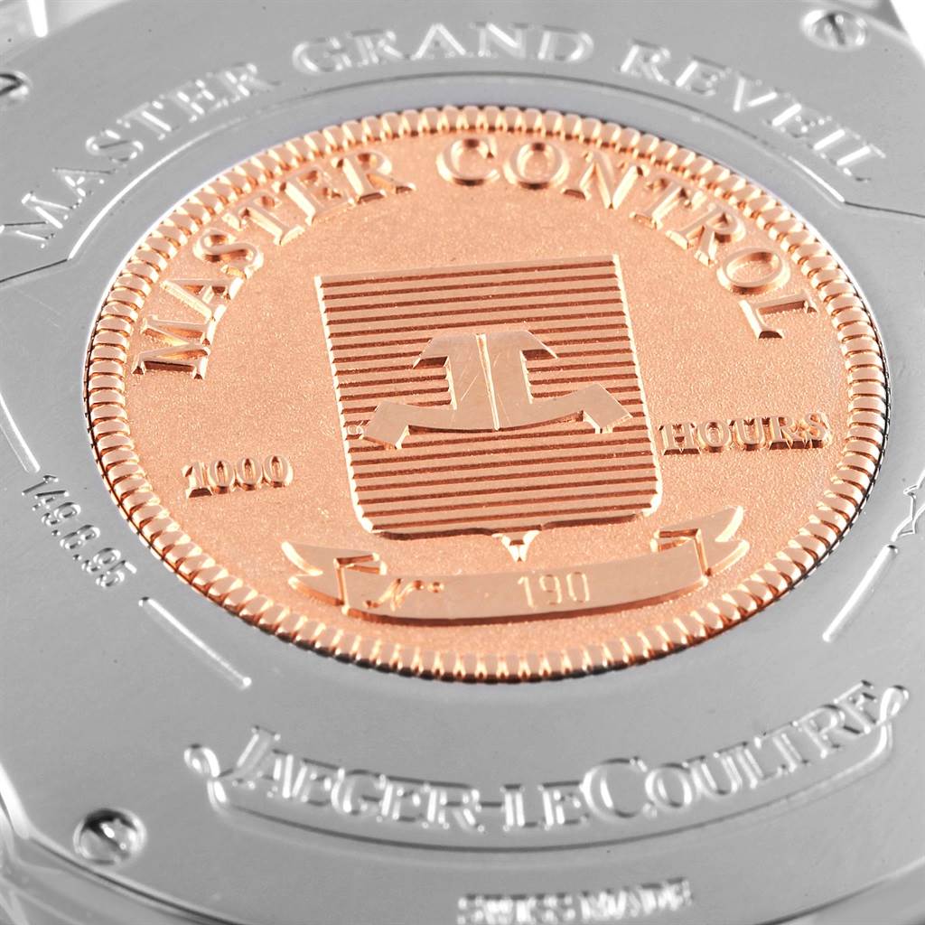 Close-up view of the Jaeger LeCoultre Master 149.8.95 Men
s Stainless Steel Silver Dial 149.8.95 Men
s Stainless Steel Silver Dial model
s case back with detailed engravings and gold disc.