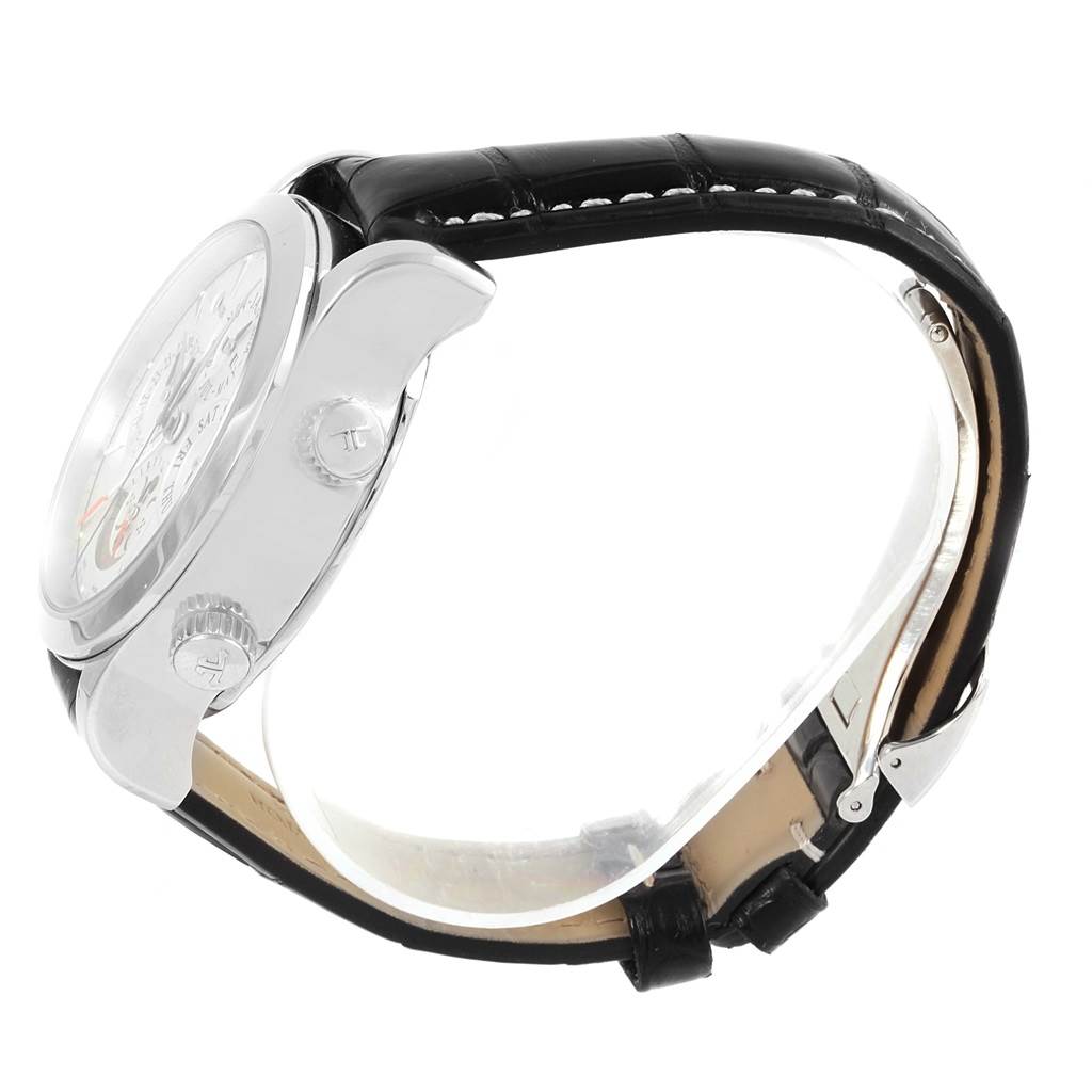 The image shows a side view of the Jaeger LeCoultre Master 149.8.95 Men
s Stainless Steel Silver Dial 149.8.95 Men
s Stainless Steel Silver Dial model watch, highlighting the case, crown, and leather strap.