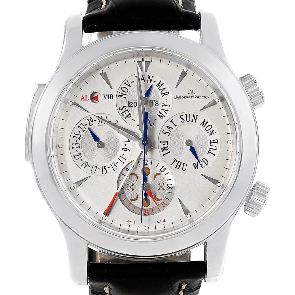 The image shows a front view of the Jaeger-LeCoultre Master model watch, highlighting its dials and complications.