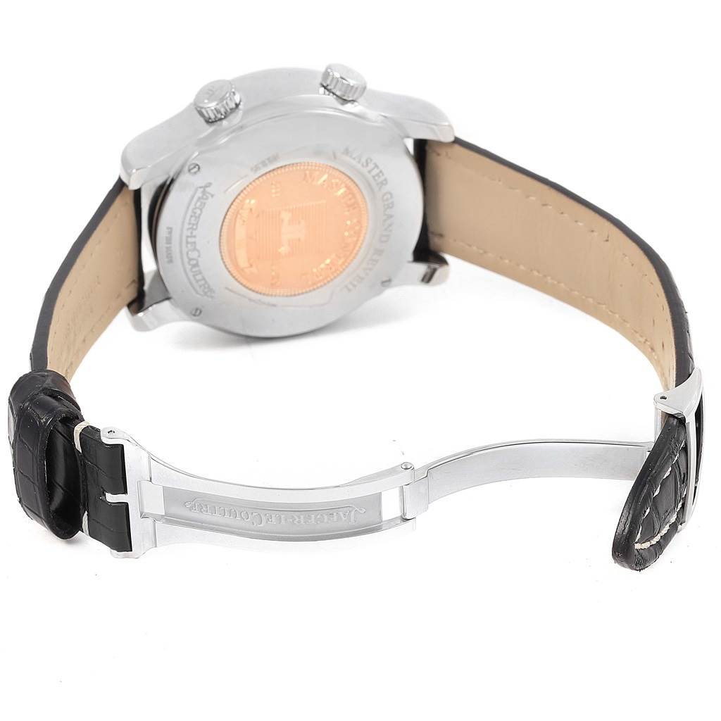 The image shows the back case and strap clasp of the Jaeger-LeCoultre Master model watch from a rear angle.