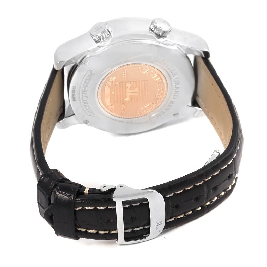 The image shows the back view of a Jaeger LeCoultre Master 149.8.95 Men
s Stainless Steel Silver Dial 149.8.95 Men
s Stainless Steel Silver Dial model watch, highlighting the case back, crown, and leather strap with buckle.