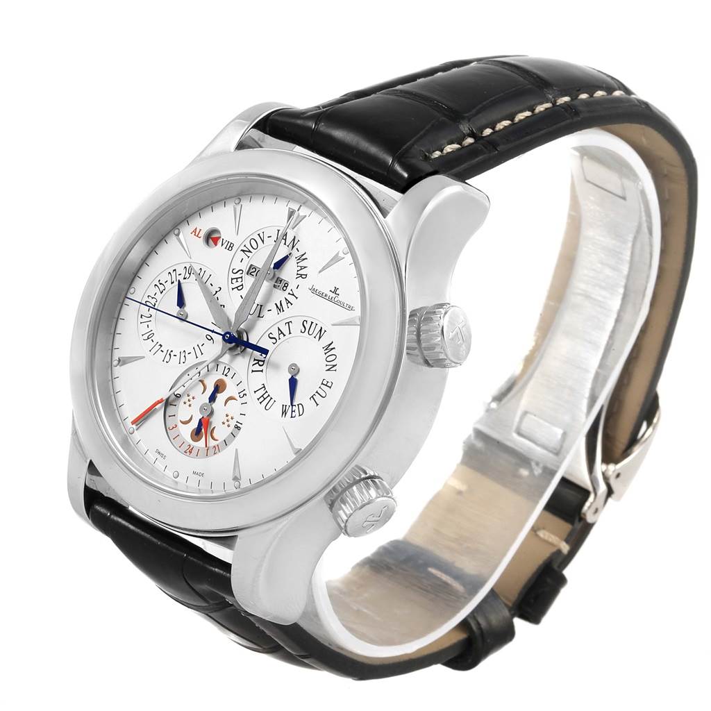 The image shows a Jaeger-LeCoultre Master model watch at an angle, highlighting the face, crown, and black leather strap.