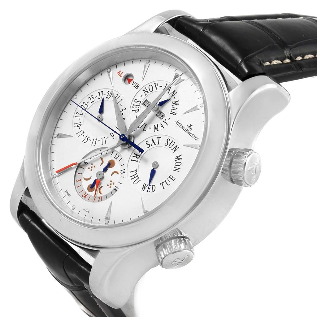 The image shows a Jaeger LeCoultre Master 149.8.95 Men
s Stainless Steel Silver Dial 149.8.95 Men
s Stainless Steel Silver Dial model watch at a three-quarter angle, highlighting its dials and black leather strap.