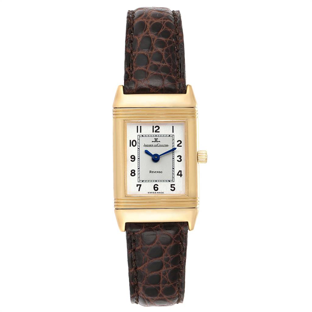 This image features a frontal view of a Jaeger LeCoultre Reverso 260.1.86 Women's Yellow Gold Silver Dial 260.1.86 Women's Yellow Gold Silver Dial watch, showing the dial, hands, and leather strap.