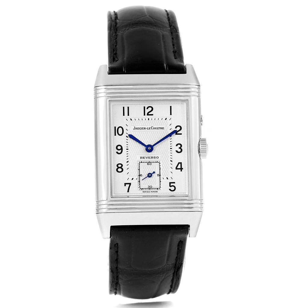 This image shows a frontal view of the Jaeger LeCoultre Reverso Q270854 Men
s Stainless Steel Silver Dial Q270854 Men
s Stainless Steel Silver Dial watch, highlighting the dial, case, crown, and leather strap.