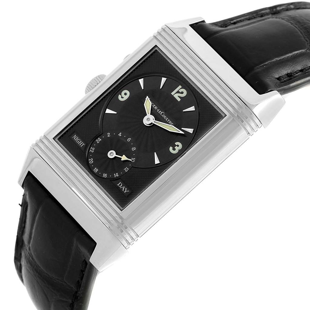The Jaeger LeCoultre Reverso Q270854 Men
s Stainless Steel Silver Dial Q270854 Men
s Stainless Steel Silver Dial watch is shown at a slight angle, revealing the face, strap, and case details.