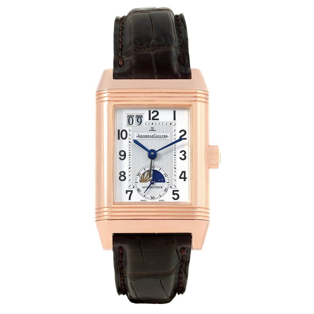 The image shows a front view of the Jaeger LeCoultre Reverso 240.2.72 Men's Rose Gold Silver Dial 240.2.72 Men's Rose Gold Silver Dial watch, displaying the dial and leather strap.
